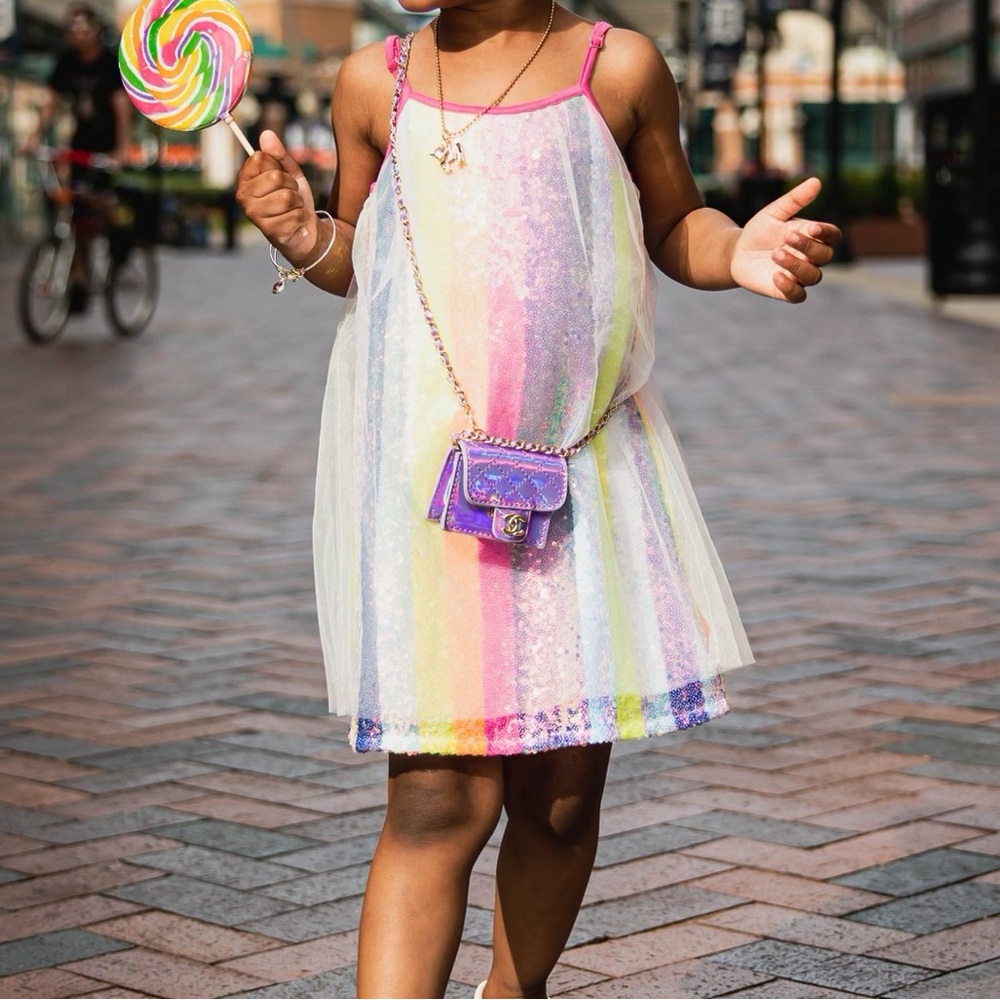 Colorful Sequins Striped Dress with tulle overlay for Kids